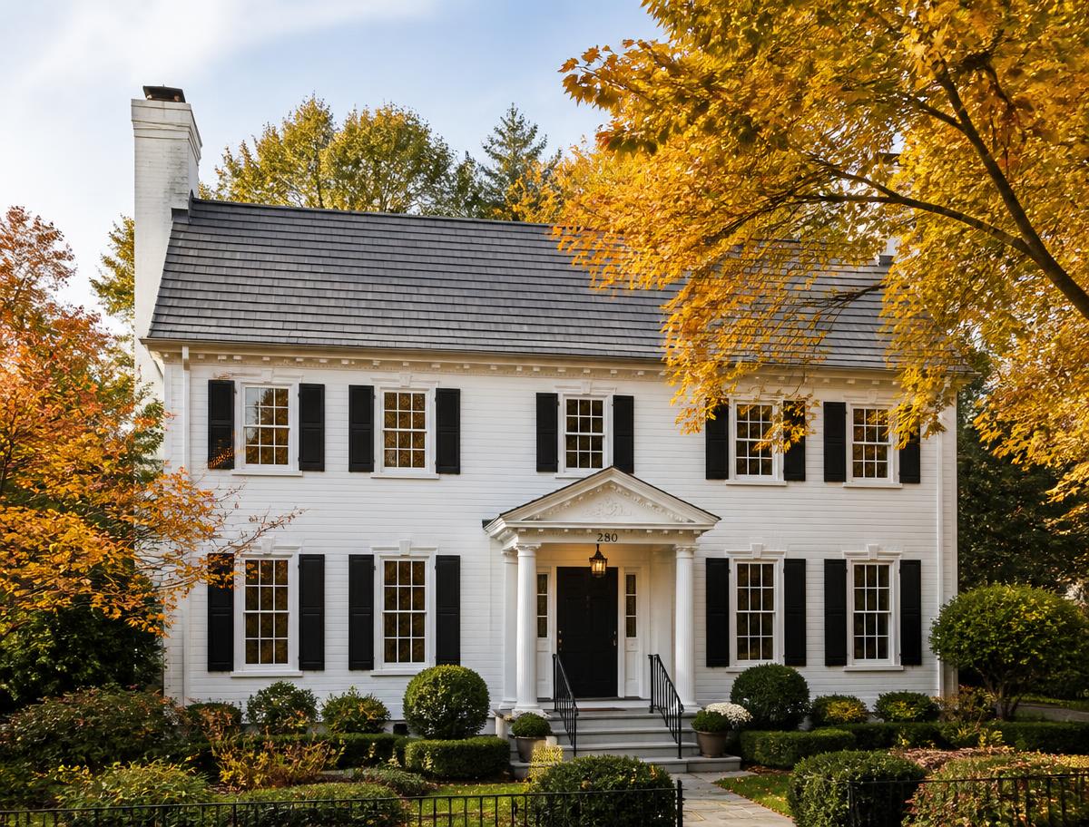 White colonial home with a slate-gray metal shingle roof