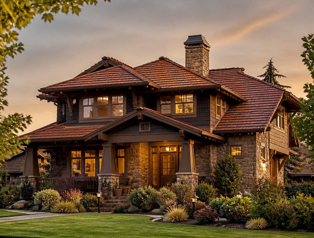 Craftsman home with a terracotta stone-coated steel tile roof
